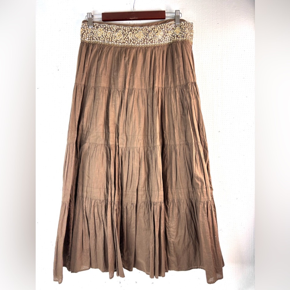 BCBGMaxAzria S Cotton Tiered Brown Embellished Beaded Waist Midi Skirt - Picture 12 of 12